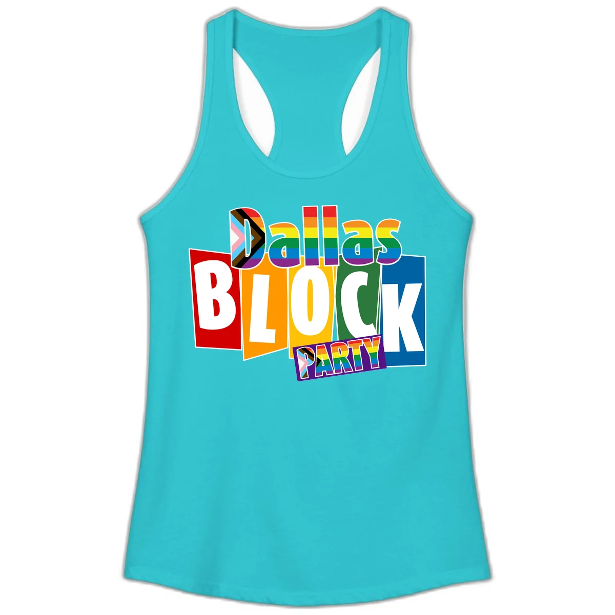 Dudes Block Party Pride design with colorful rainbow stripes, progress pride flag, and bold layered text celebrating LGBTQ+ pride in Solid Tahiti Blue