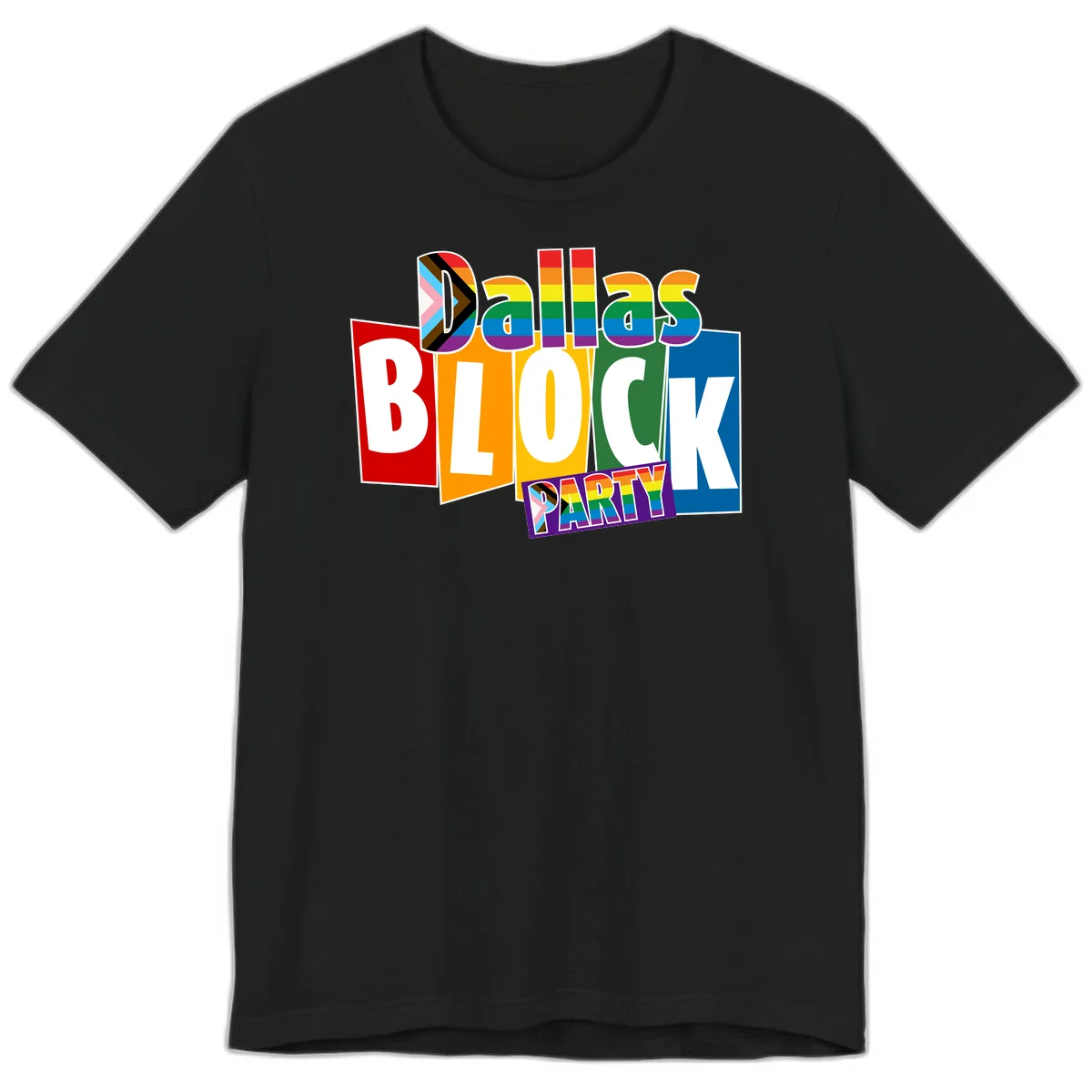 Dudes Block Party Pride design with colorful rainbow stripes, progress pride flag, and bold layered text celebrating LGBTQ+ pride in Black