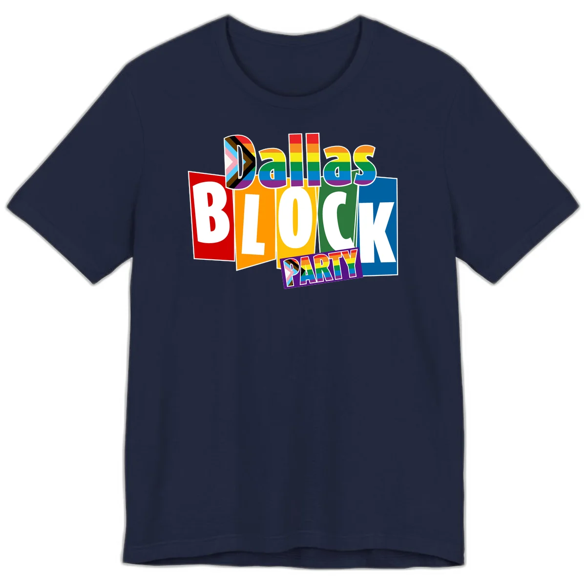 Dudes Block Party Pride design with colorful rainbow stripes, progress pride flag, and bold layered text celebrating LGBTQ+ pride in Navy