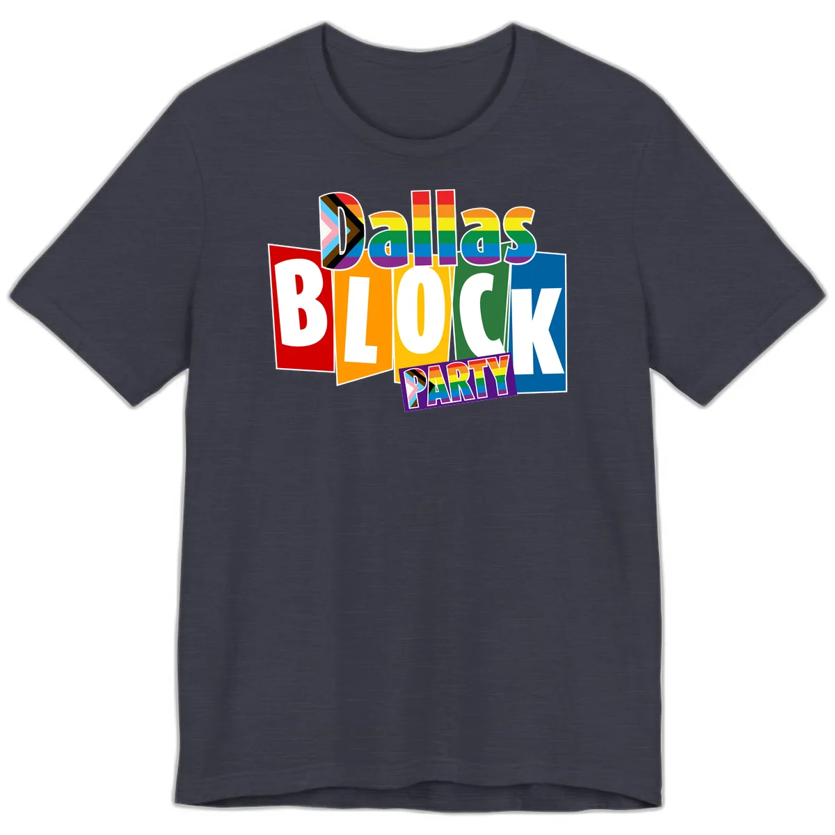 Dudes Block Party Pride design with colorful rainbow stripes, progress pride flag, and bold layered text celebrating LGBTQ+ pride in Heather Midnight Navy