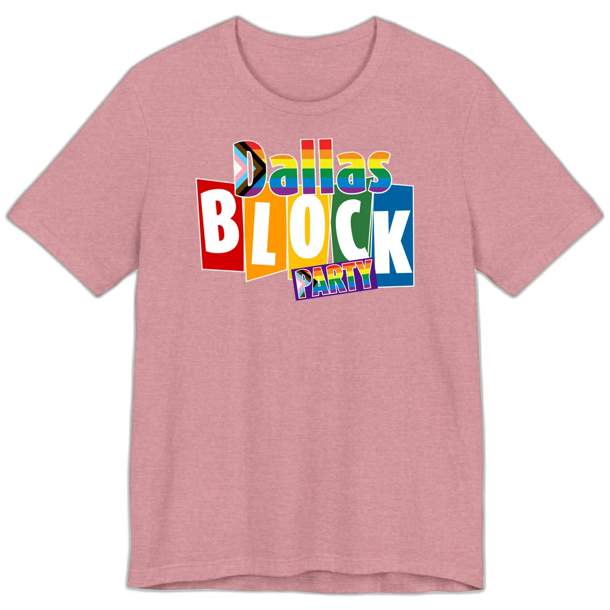 Dudes Block Party Pride design with colorful rainbow stripes, progress pride flag, and bold layered text celebrating LGBTQ+ pride in Heather Orchid