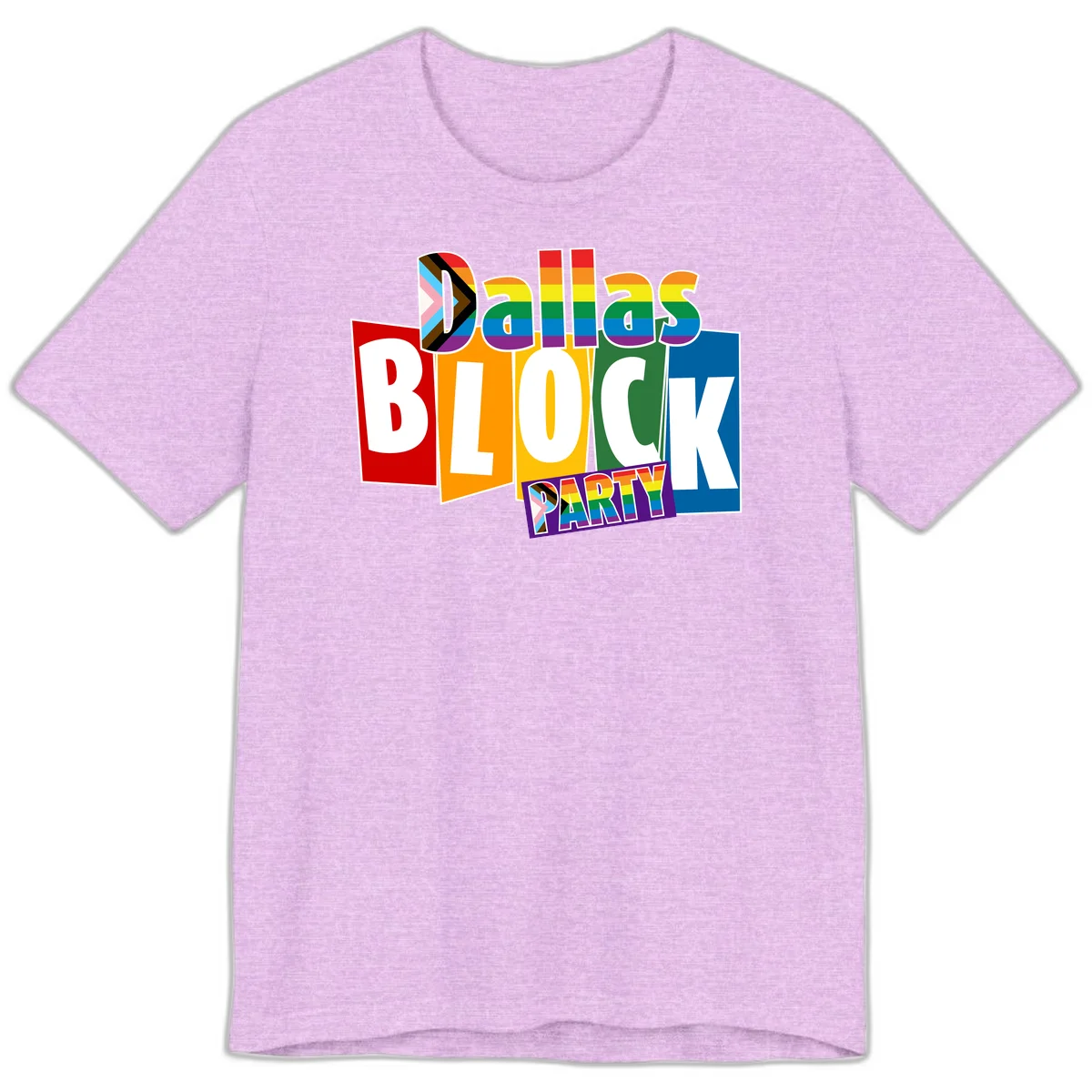 Dudes Block Party Pride design with colorful rainbow stripes, progress pride flag, and bold layered text celebrating LGBTQ+ pride in Heather Prism Lilac