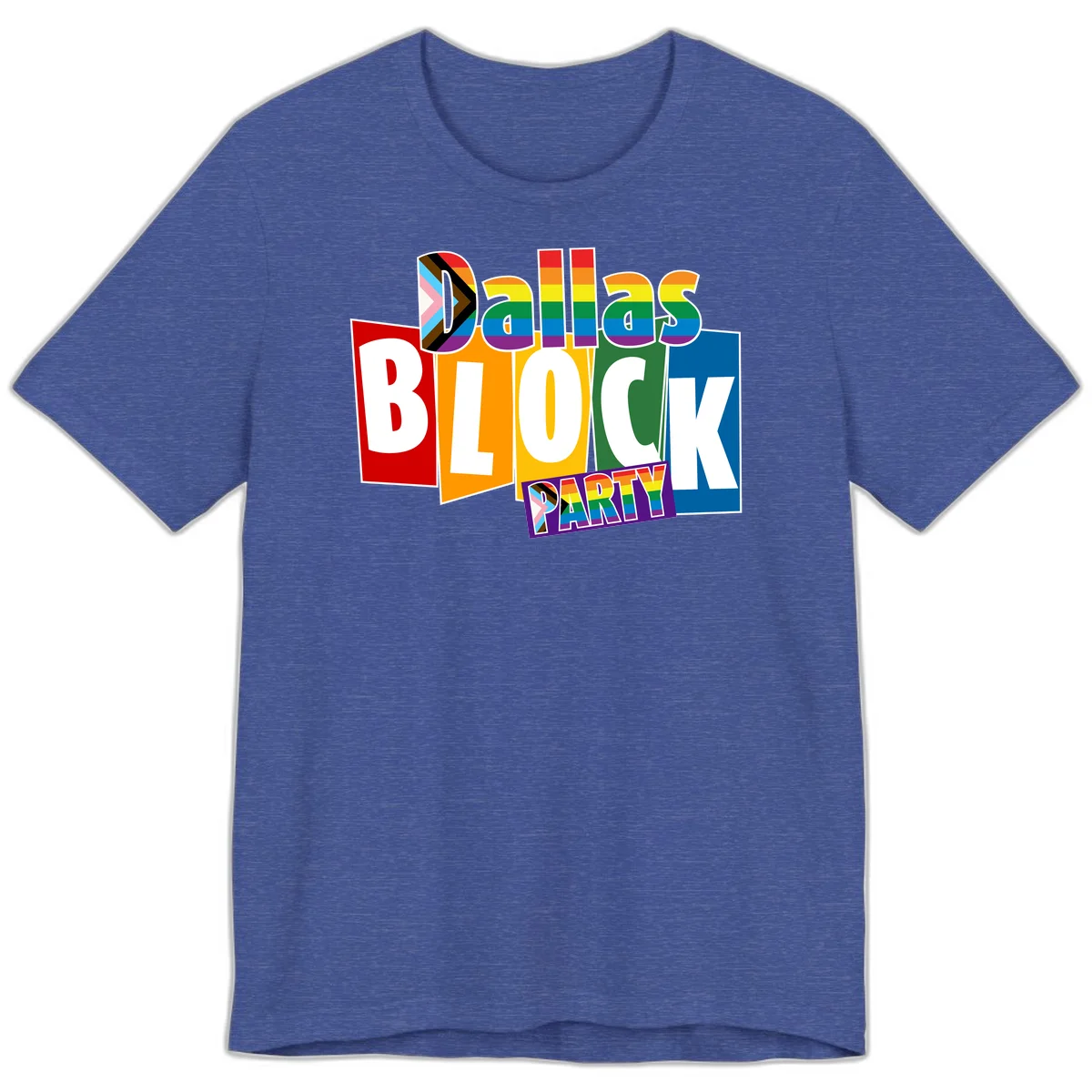 Dudes Block Party Pride design with colorful rainbow stripes, progress pride flag, and bold layered text celebrating LGBTQ+ pride in Heather True Royal