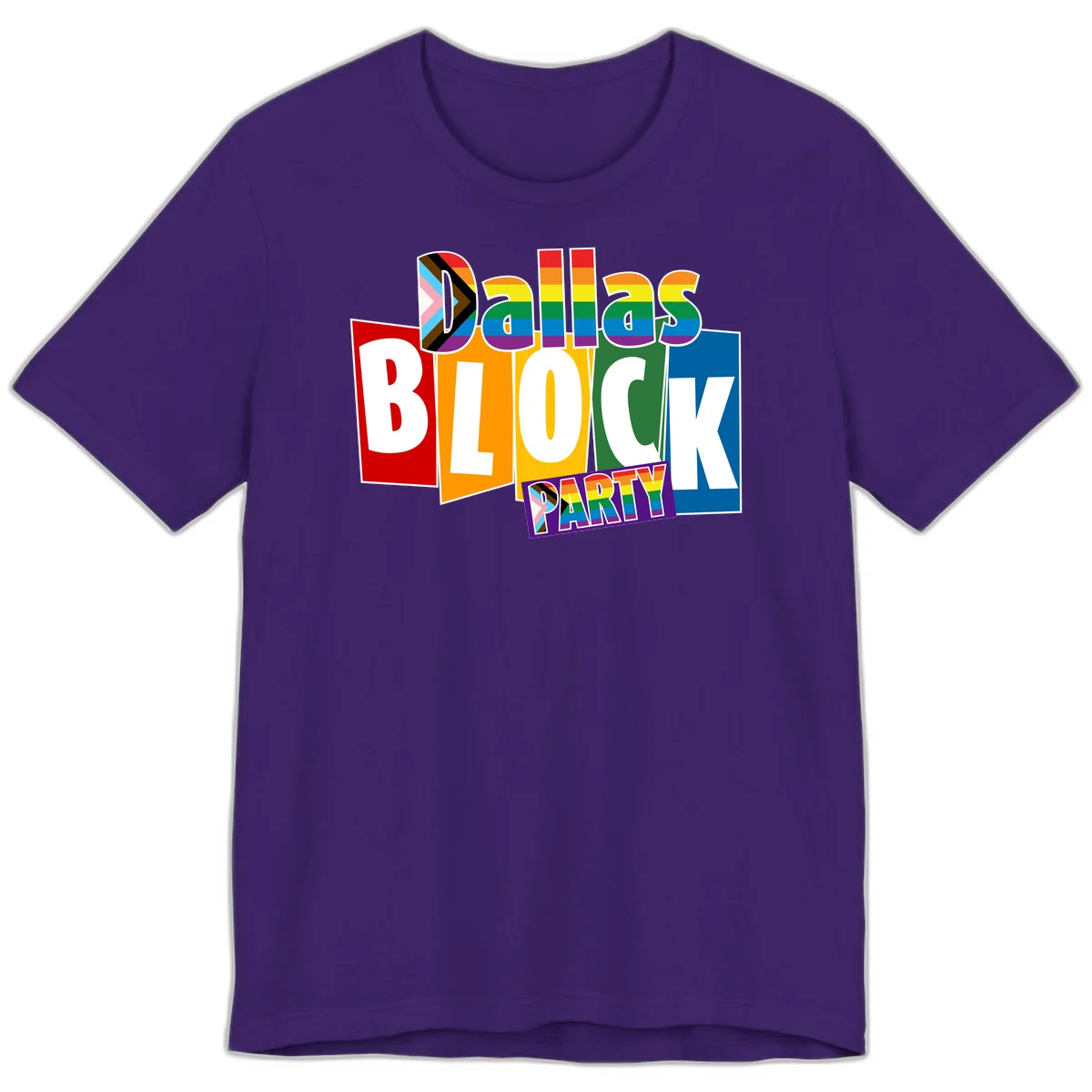 Dudes Block Party Pride design with colorful rainbow stripes, progress pride flag, and bold layered text celebrating LGBTQ+ pride in Team Purple