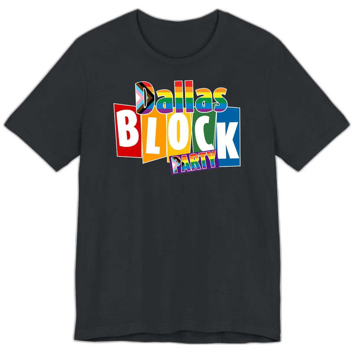 Dudes Block Party Pride design with colorful rainbow stripes, progress pride flag, and bold layered text celebrating LGBTQ+ pride in Vintage Black
