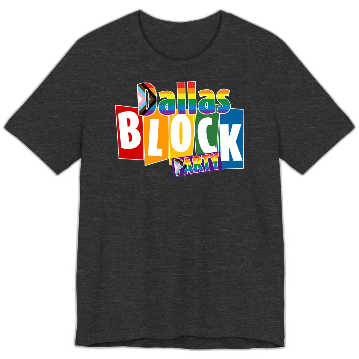 Dudes Block Party Pride design with colorful rainbow stripes, progress pride flag, and bold layered text celebrating LGBTQ+ pride in Dark Grey Heather