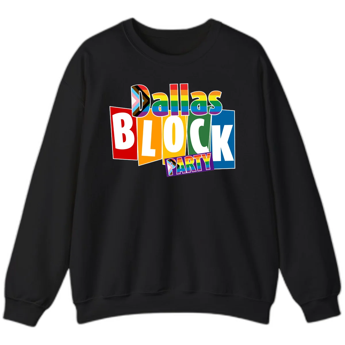 Dudes Block Party Pride design with colorful rainbow stripes, progress pride flag, and bold layered text celebrating LGBTQ+ pride in Black