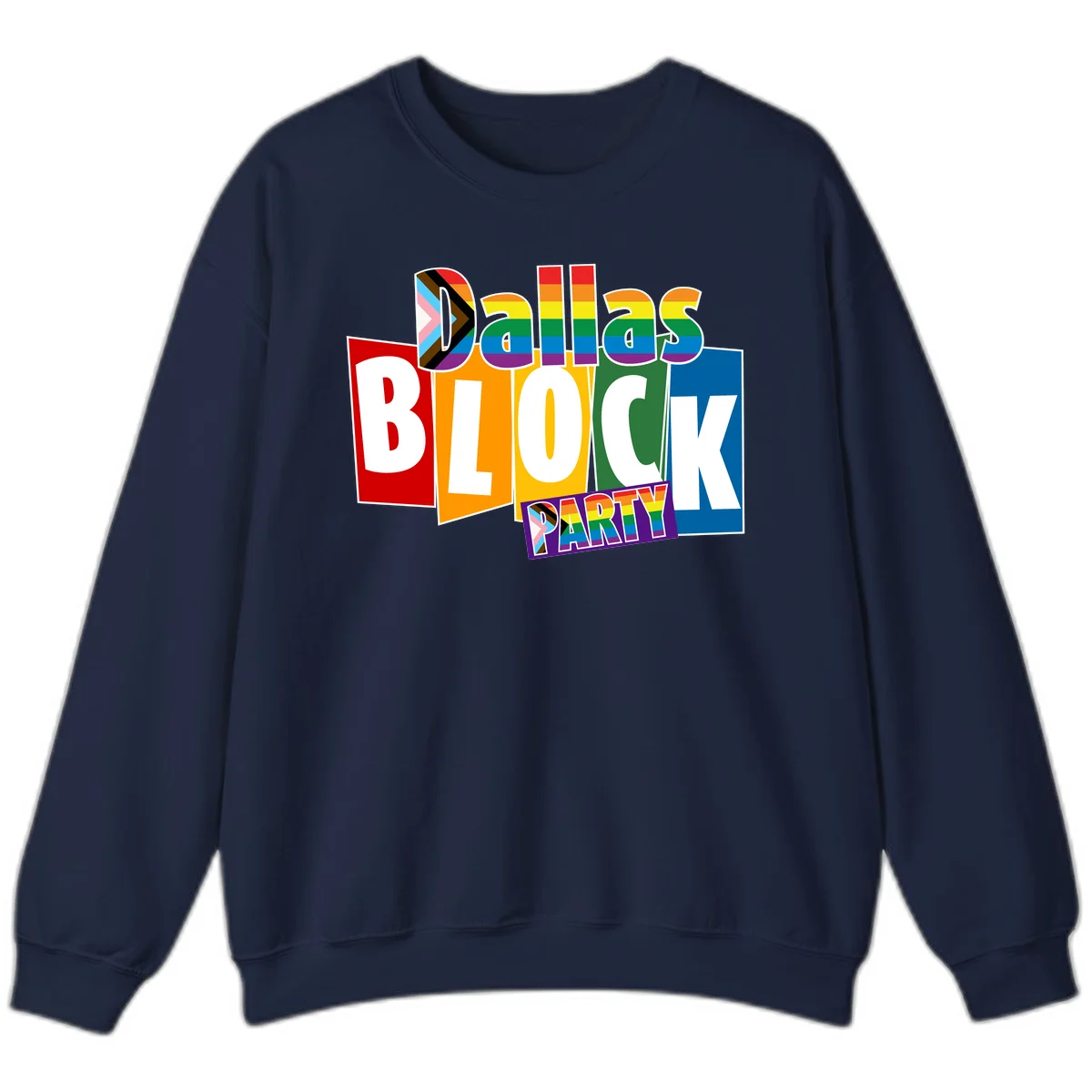 Dudes Block Party Pride design with colorful rainbow stripes, progress pride flag, and bold layered text celebrating LGBTQ+ pride in Navy