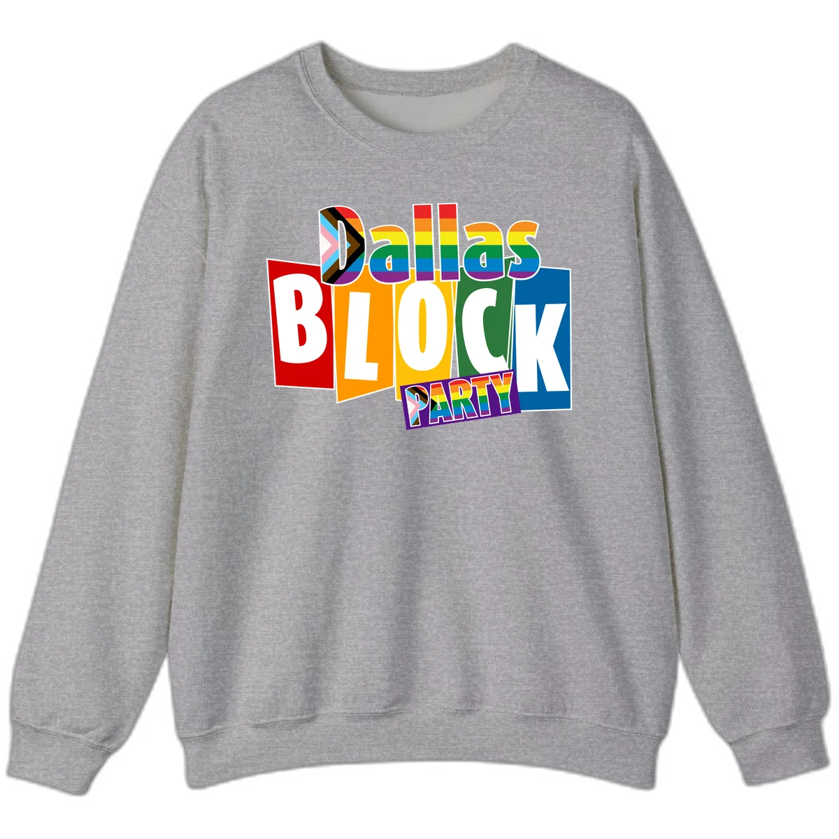 Dudes Block Party Pride design with colorful rainbow stripes, progress pride flag, and bold layered text celebrating LGBTQ+ pride in Sport Grey