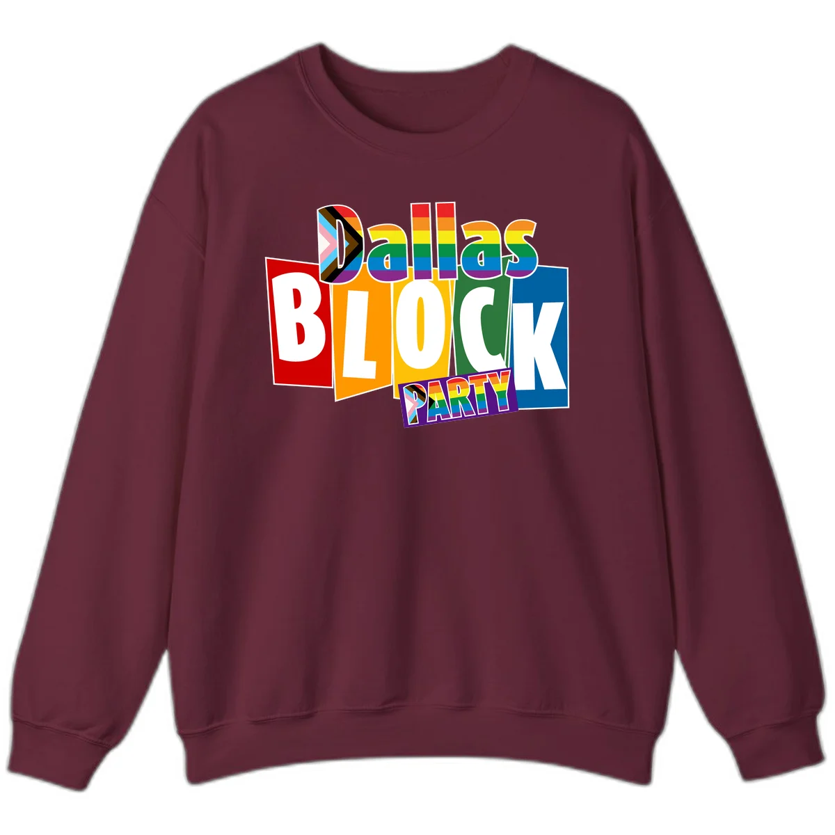 Dudes Block Party Pride design with colorful rainbow stripes, progress pride flag, and bold layered text celebrating LGBTQ+ pride in Maroon