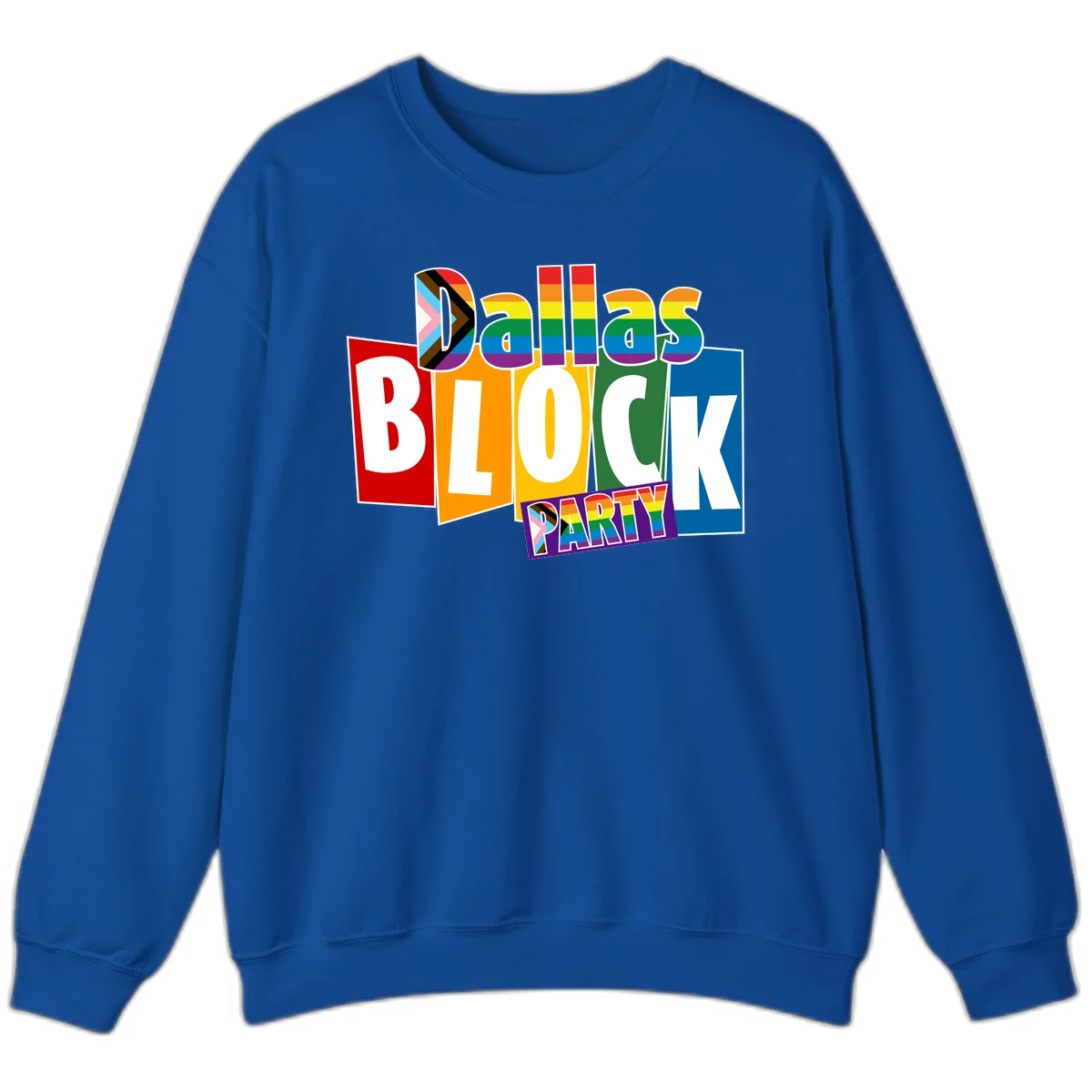 Dudes Block Party Pride design with colorful rainbow stripes, progress pride flag, and bold layered text celebrating LGBTQ+ pride in Royal
