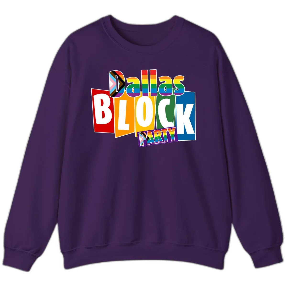 Dudes Block Party Pride design with colorful rainbow stripes, progress pride flag, and bold layered text celebrating LGBTQ+ pride in Purple