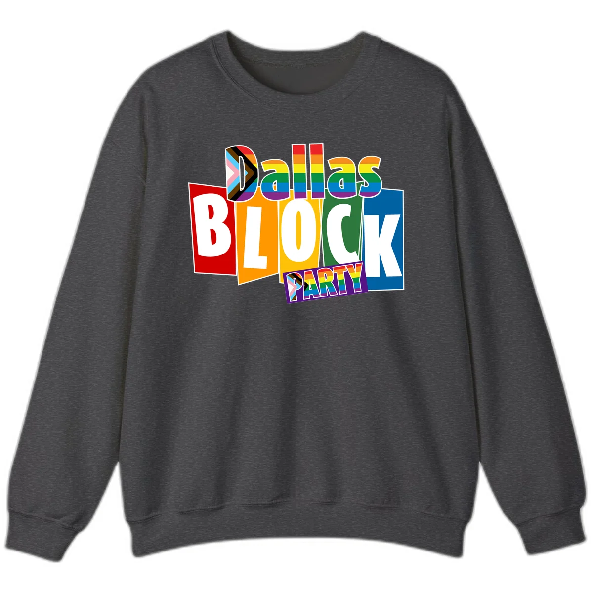 Dudes Block Party Pride design with colorful rainbow stripes, progress pride flag, and bold layered text celebrating LGBTQ+ pride in Dark Heather