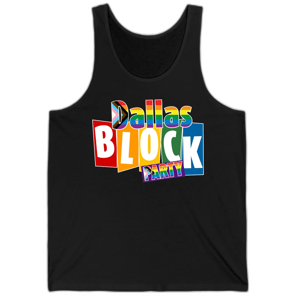 Dudes Block Party Pride design with colorful rainbow stripes, progress pride flag, and bold layered text celebrating LGBTQ+ pride in Black