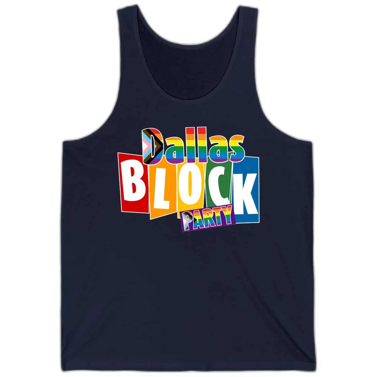 Dudes Block Party Pride design with colorful rainbow stripes, progress pride flag, and bold layered text celebrating LGBTQ+ pride in Navy