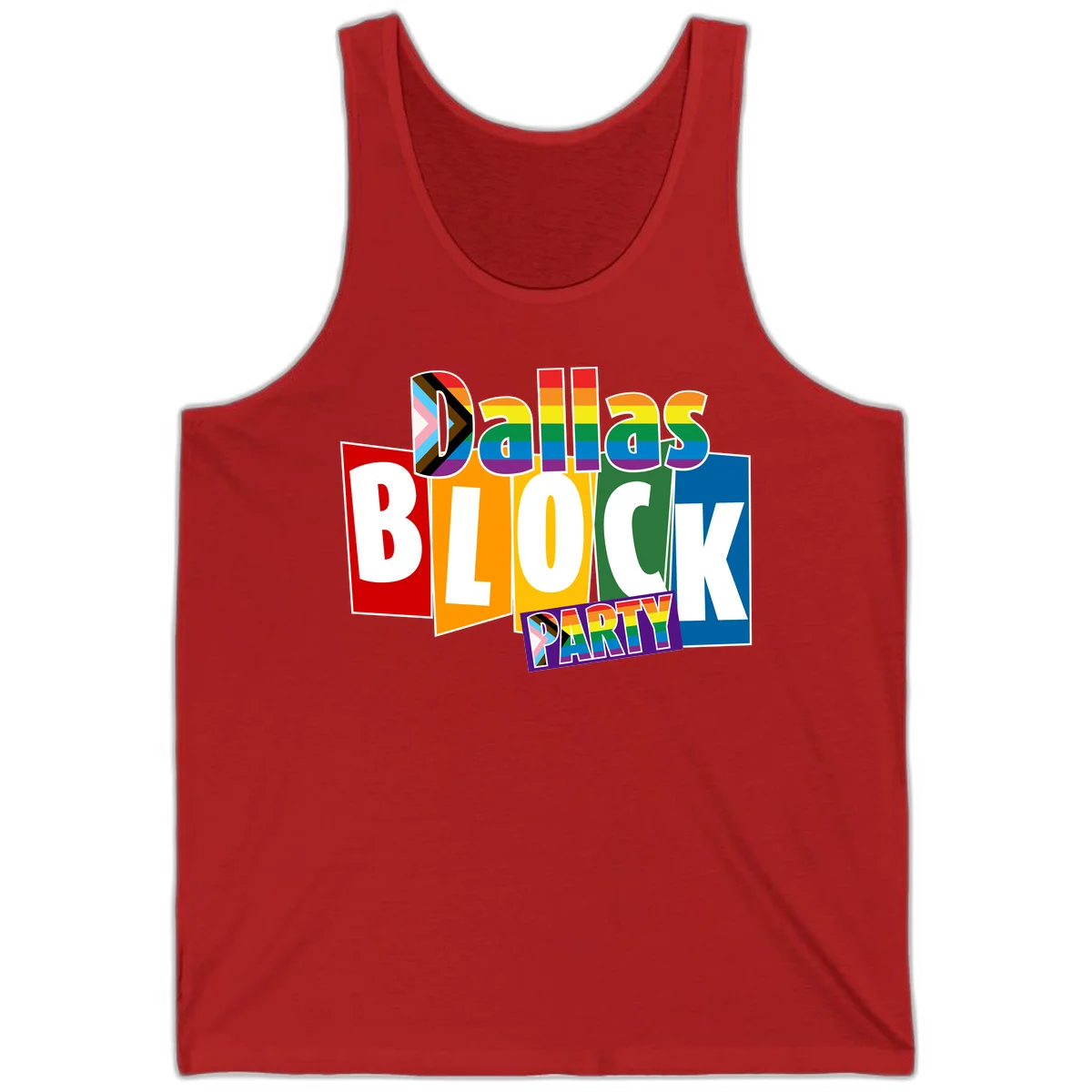 Dudes Block Party Pride design with colorful rainbow stripes, progress pride flag, and bold layered text celebrating LGBTQ+ pride in Red
