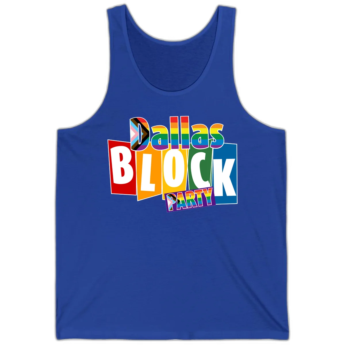 Dudes Block Party Pride design with colorful rainbow stripes, progress pride flag, and bold layered text celebrating LGBTQ+ pride in True Royal