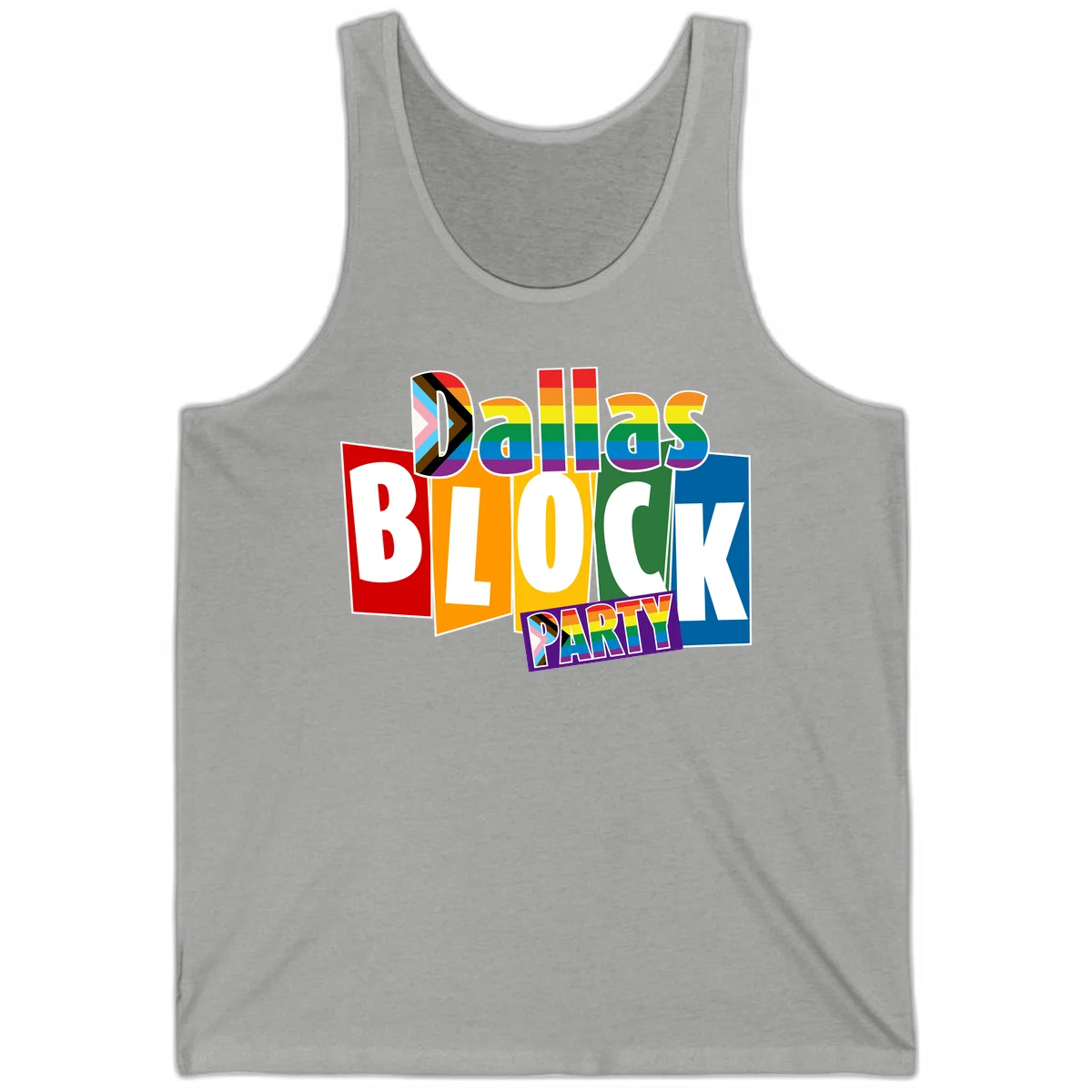 Dudes Block Party Pride design with colorful rainbow stripes, progress pride flag, and bold layered text celebrating LGBTQ+ pride in Athletic Heather