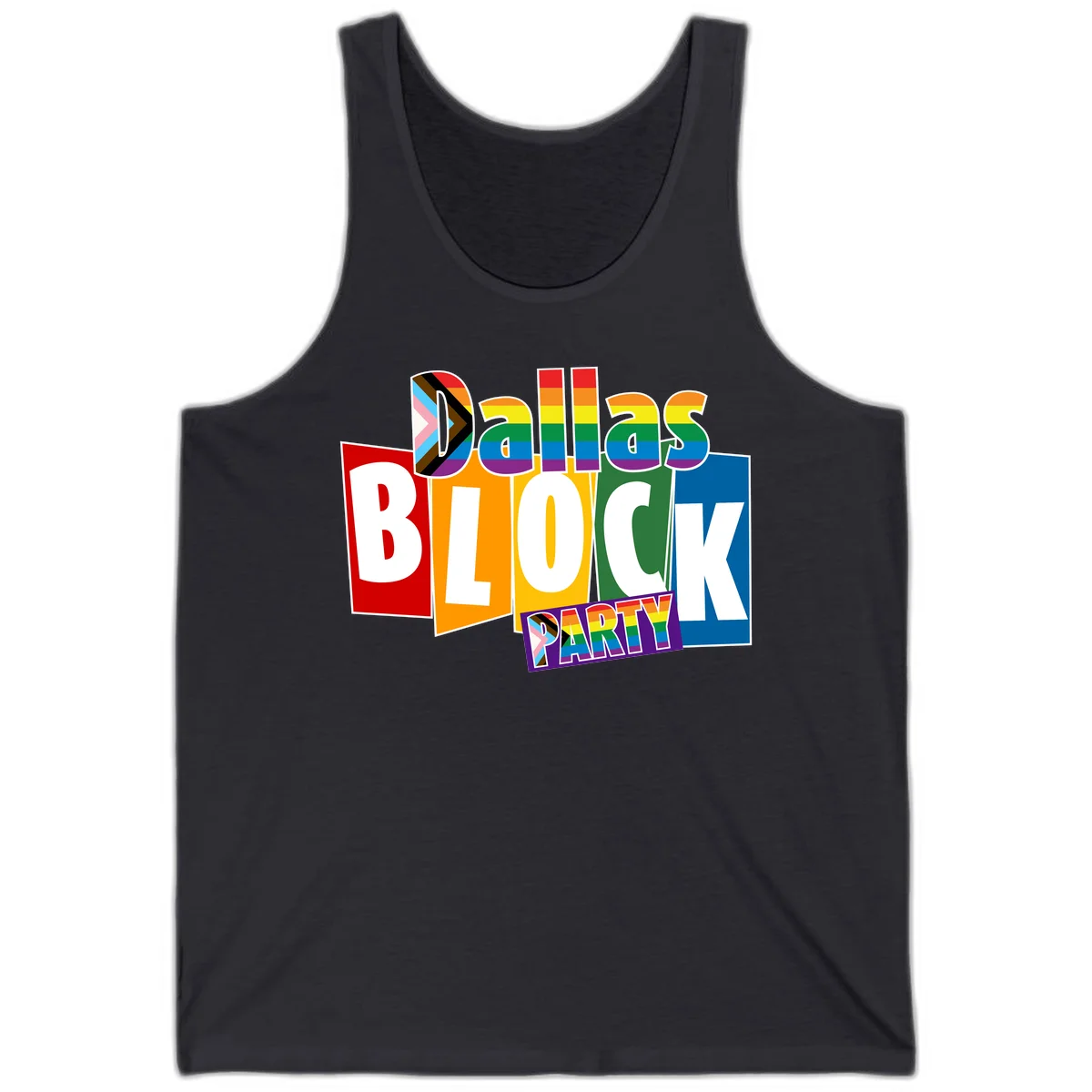 Dudes Block Party Pride design with colorful rainbow stripes, progress pride flag, and bold layered text celebrating LGBTQ+ pride in Dark Grey