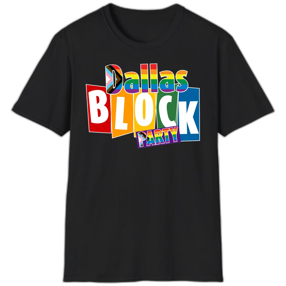 Dudes Block Party Pride design with colorful rainbow stripes, progress pride flag, and bold layered text celebrating LGBTQ+ pride in Black