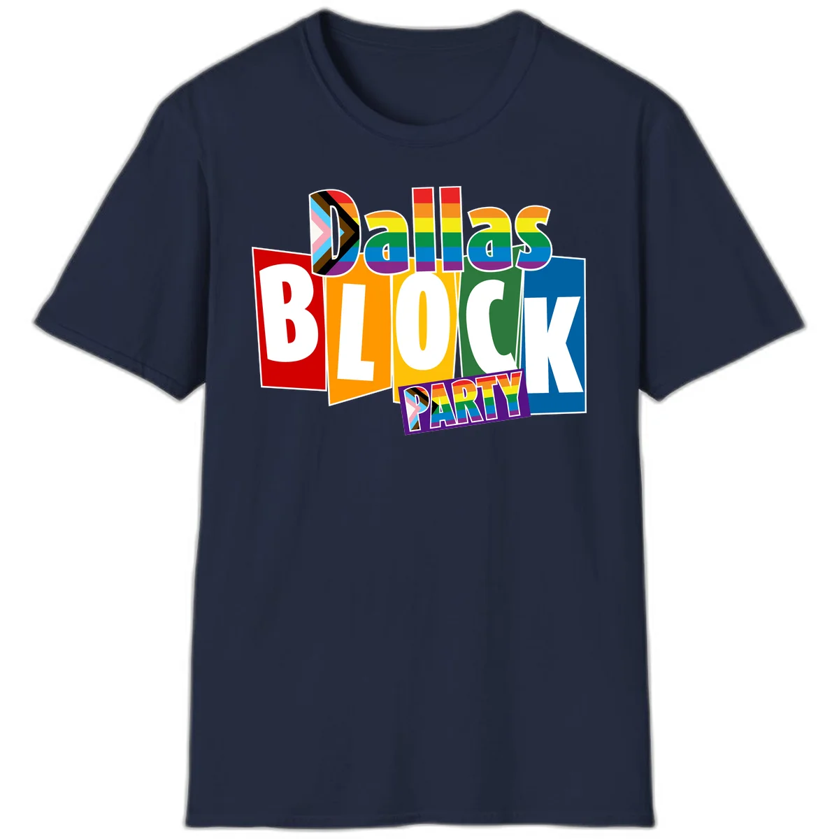 Dudes Block Party Pride design with colorful rainbow stripes, progress pride flag, and bold layered text celebrating LGBTQ+ pride in Navy