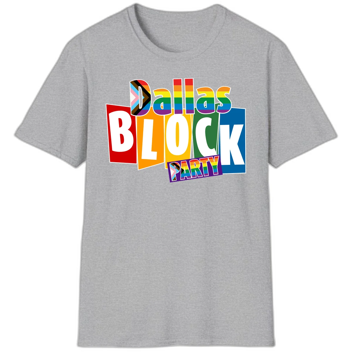 Dudes Block Party Pride design with colorful rainbow stripes, progress pride flag, and bold layered text celebrating LGBTQ+ pride in Sport Grey