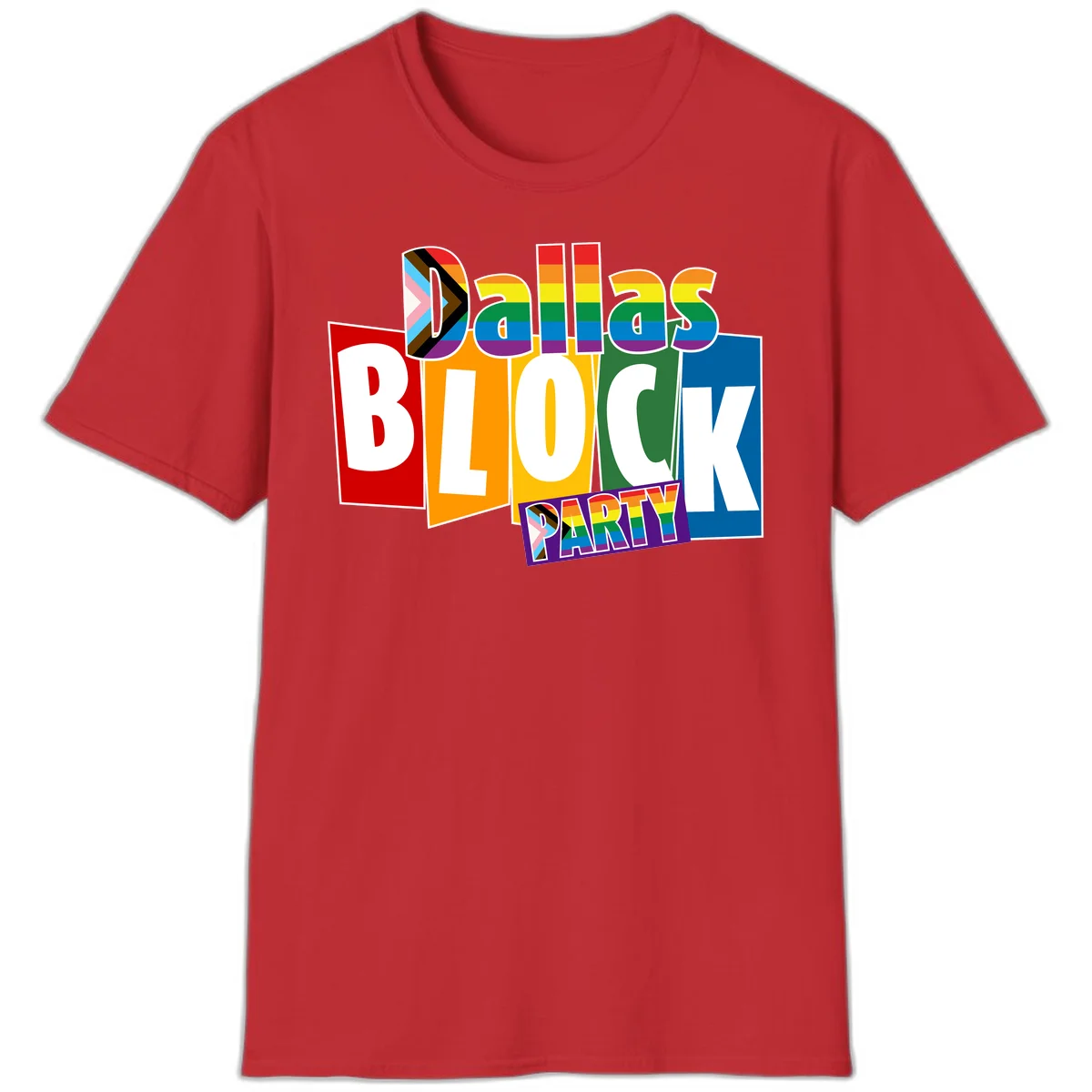 Dudes Block Party Pride design with colorful rainbow stripes, progress pride flag, and bold layered text celebrating LGBTQ+ pride in Red