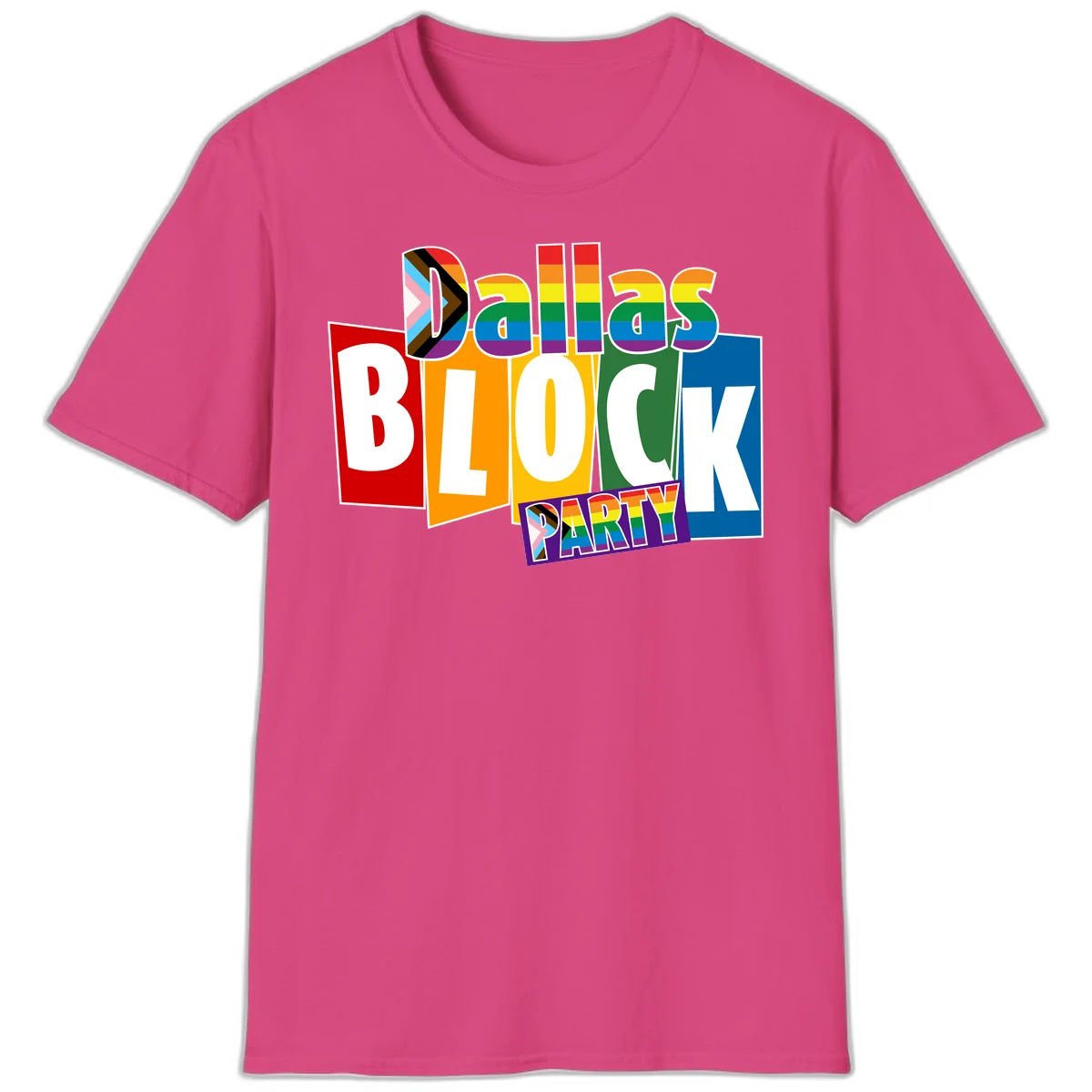 Dudes Block Party Pride design with colorful rainbow stripes, progress pride flag, and bold layered text celebrating LGBTQ+ pride in Heliconia