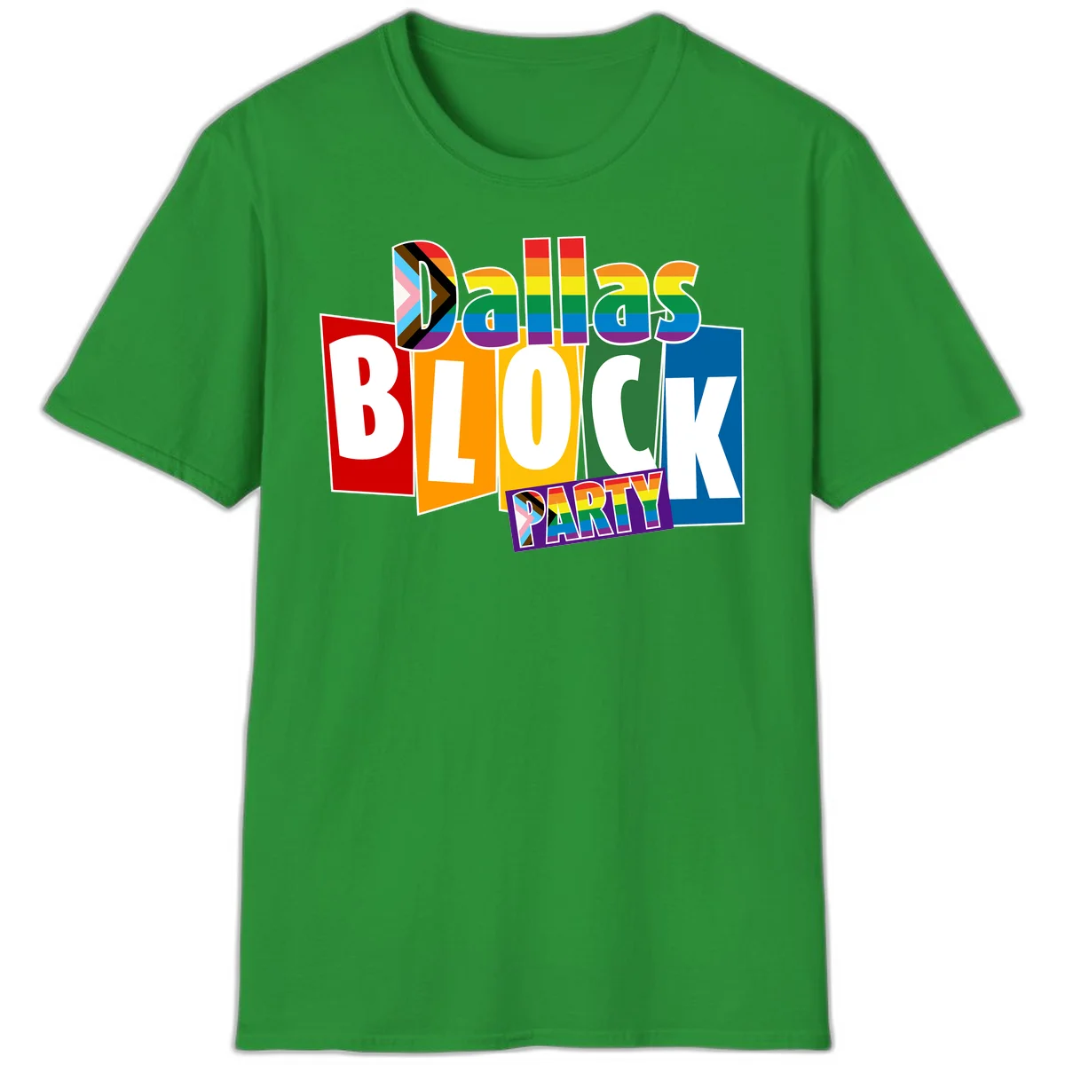 Dudes Block Party Pride design with colorful rainbow stripes, progress pride flag, and bold layered text celebrating LGBTQ+ pride in Irish Green