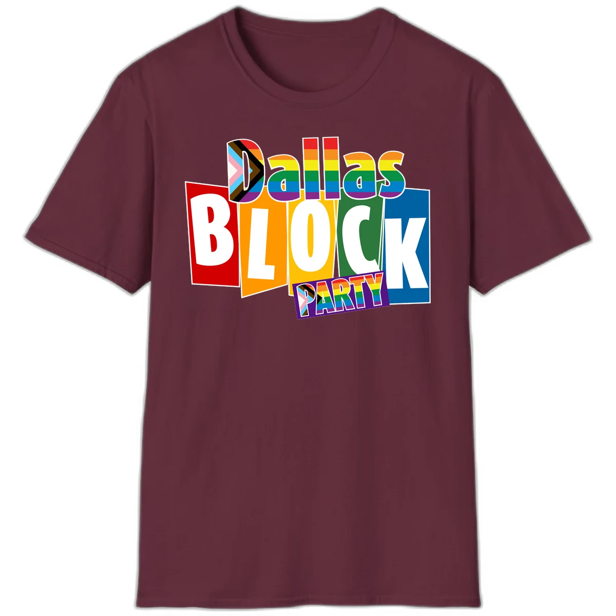 Dudes Block Party Pride design with colorful rainbow stripes, progress pride flag, and bold layered text celebrating LGBTQ+ pride in Maroon