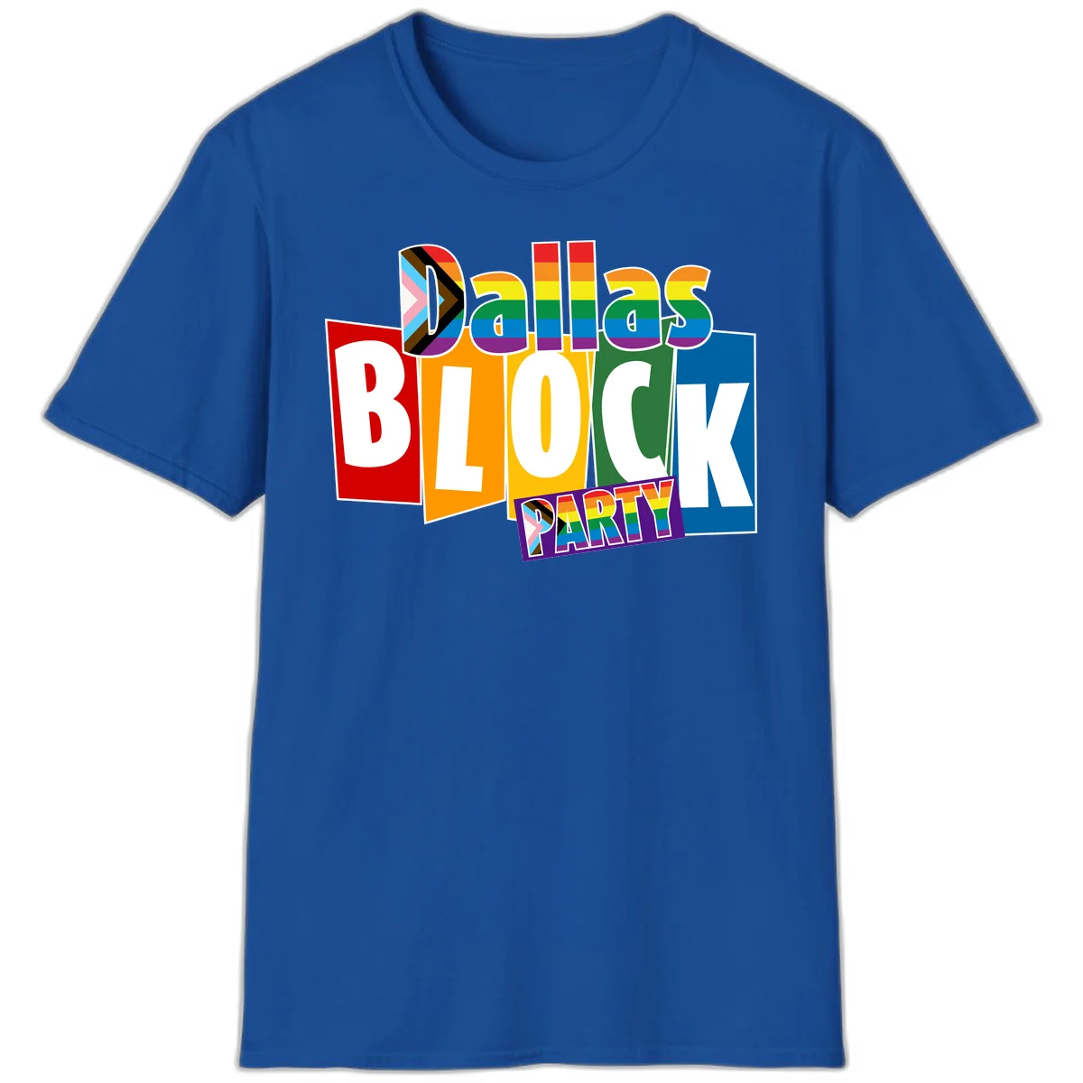 Dudes Block Party Pride design with colorful rainbow stripes, progress pride flag, and bold layered text celebrating LGBTQ+ pride in Royal