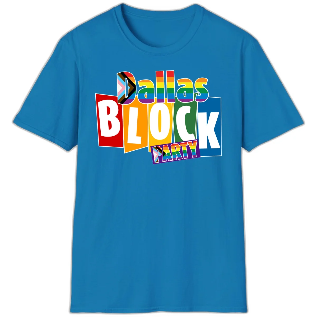 Dudes Block Party Pride design with colorful rainbow stripes, progress pride flag, and bold layered text celebrating LGBTQ+ pride in Sapphire