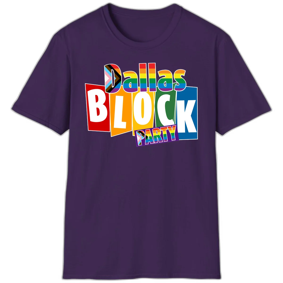 Dudes Block Party Pride design with colorful rainbow stripes, progress pride flag, and bold layered text celebrating LGBTQ+ pride in Purple