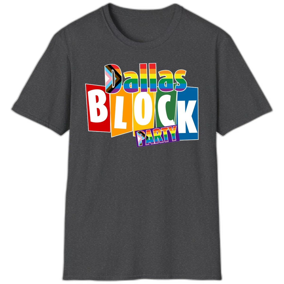 Dudes Block Party Pride design with colorful rainbow stripes, progress pride flag, and bold layered text celebrating LGBTQ+ pride in Dark Heather