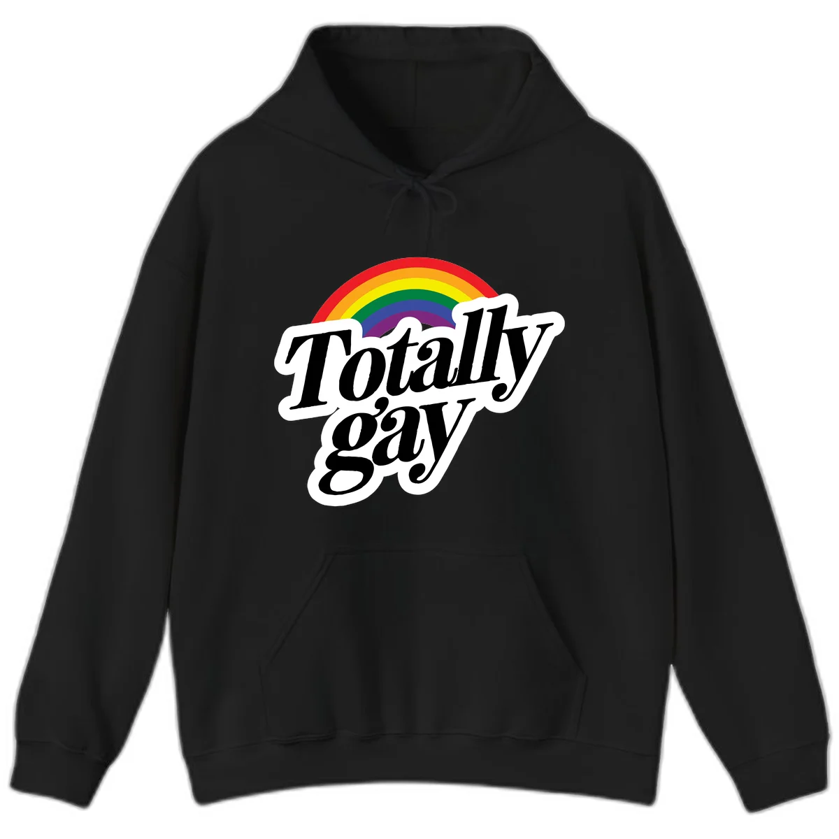 Totally gay pride design with rainbow arc and bold black text on white banner celebrating LGBTQ identity in Black