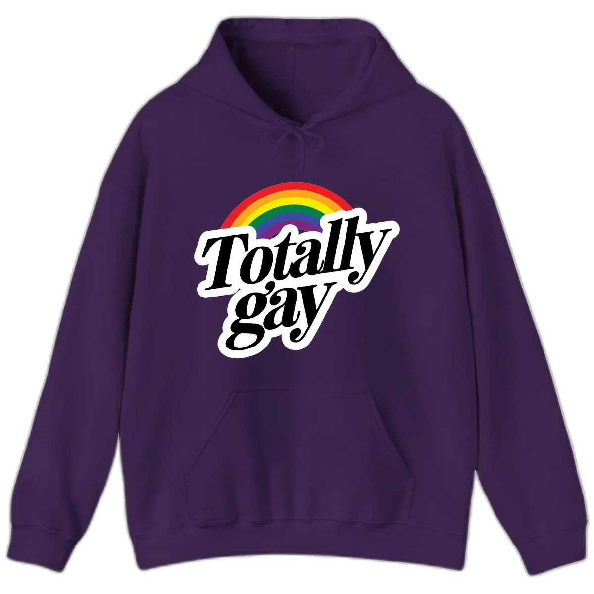 Totally gay pride design with rainbow arc and bold black text on white banner celebrating LGBTQ identity in Purple