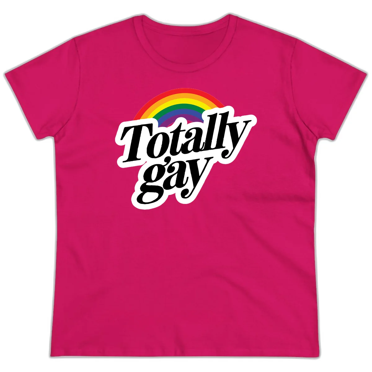 Totally gay pride design with rainbow arc and bold black text on white banner celebrating LGBTQ identity in Heliconia