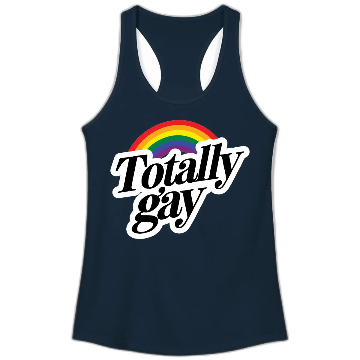 Totally gay pride design with rainbow arc and bold black text on white banner celebrating LGBTQ identity in Solid Midnight Navy