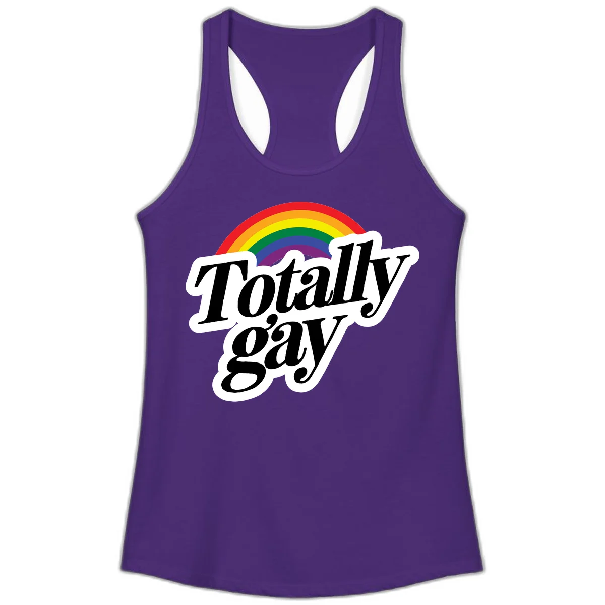 Totally gay pride design with rainbow arc and bold black text on white banner celebrating LGBTQ identity in Solid Purple Rush