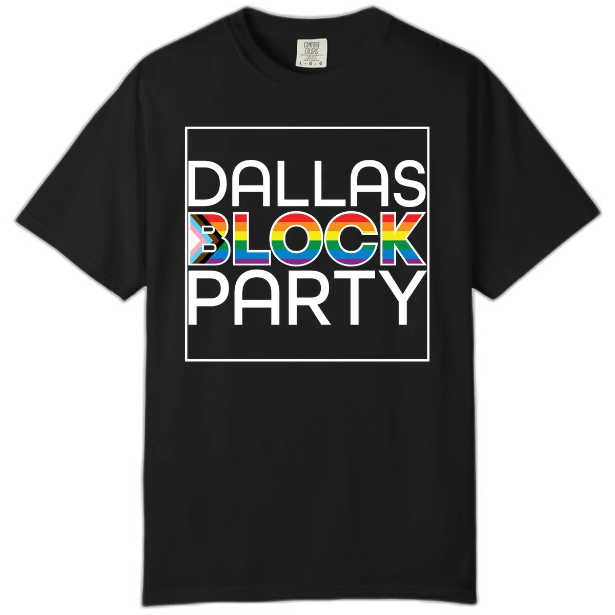 Dallas Block Party Pride design with rainbow and progress pride flag colors integrated into bold white typography on gray background in Black