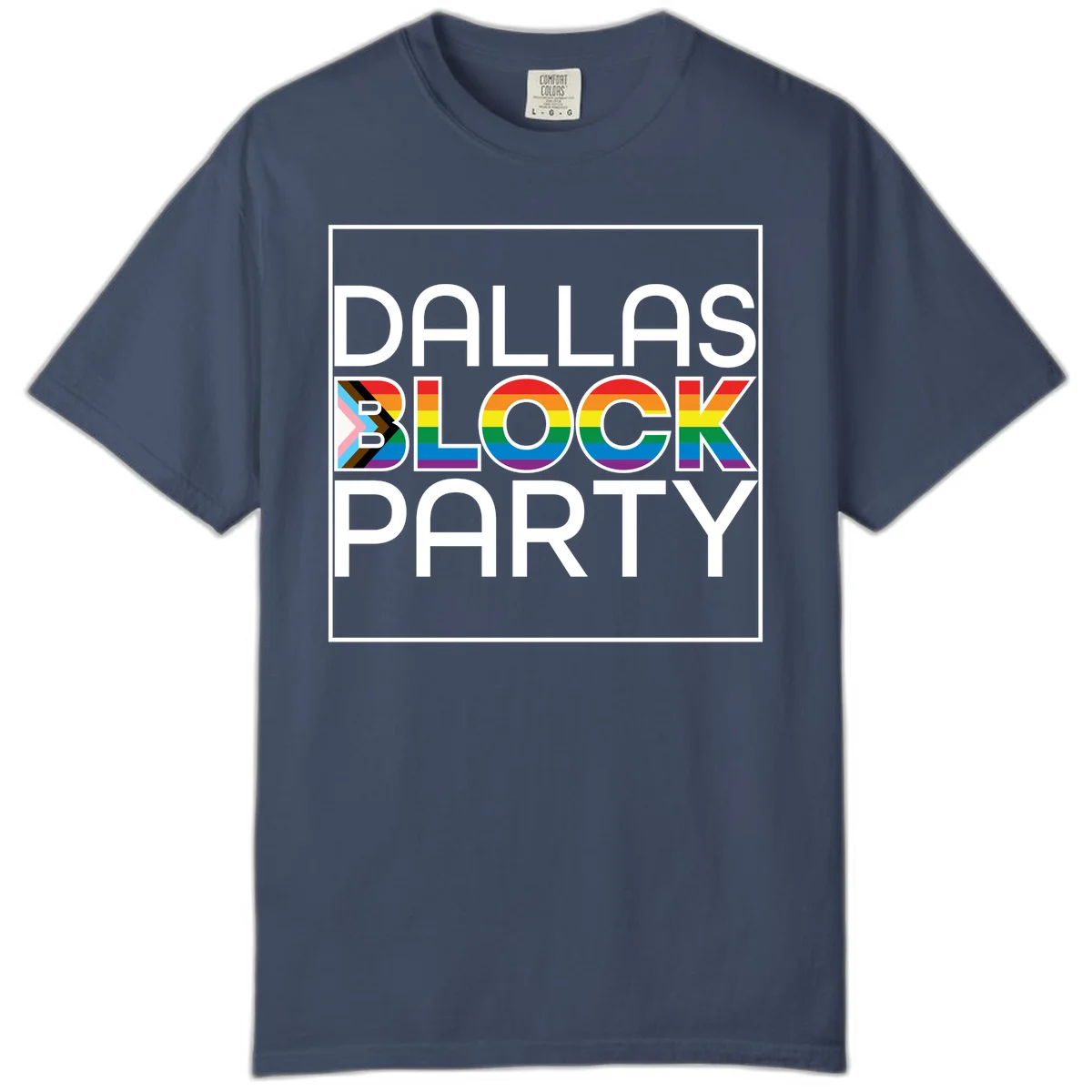 Dallas Block Party Pride design with rainbow and progress pride flag colors integrated into bold white typography on gray background in Midnight