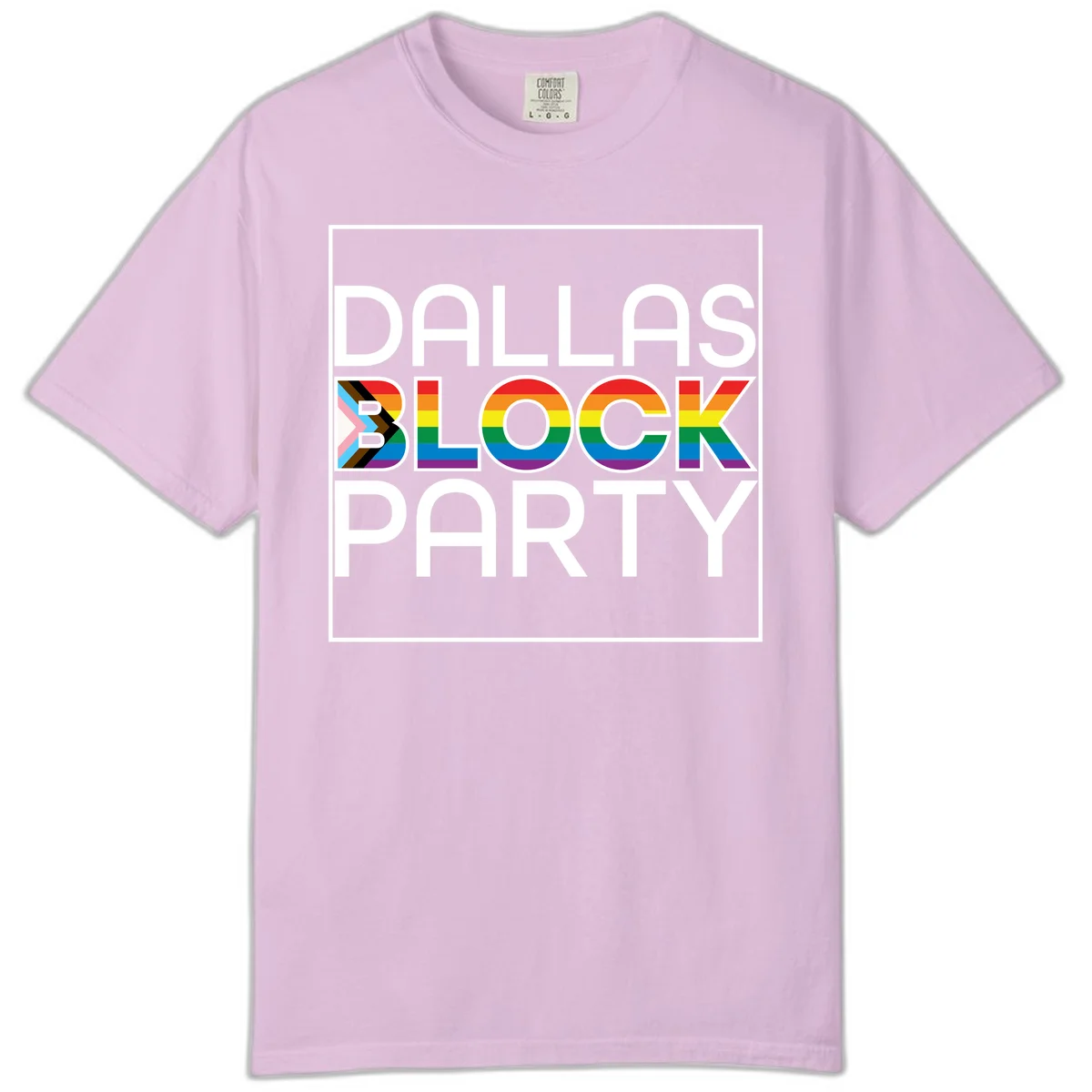 Dallas Block Party Pride design with rainbow and progress pride flag colors integrated into bold white typography on gray background in Orchid