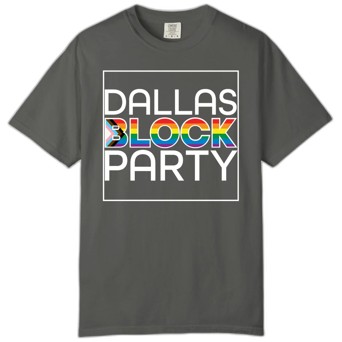 Dallas Block Party Pride design with rainbow and progress pride flag colors integrated into bold white typography on gray background in Pepper