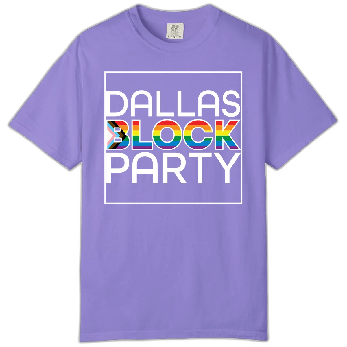 Dallas Block Party Pride design with rainbow and progress pride flag colors integrated into bold white typography on gray background in Violet