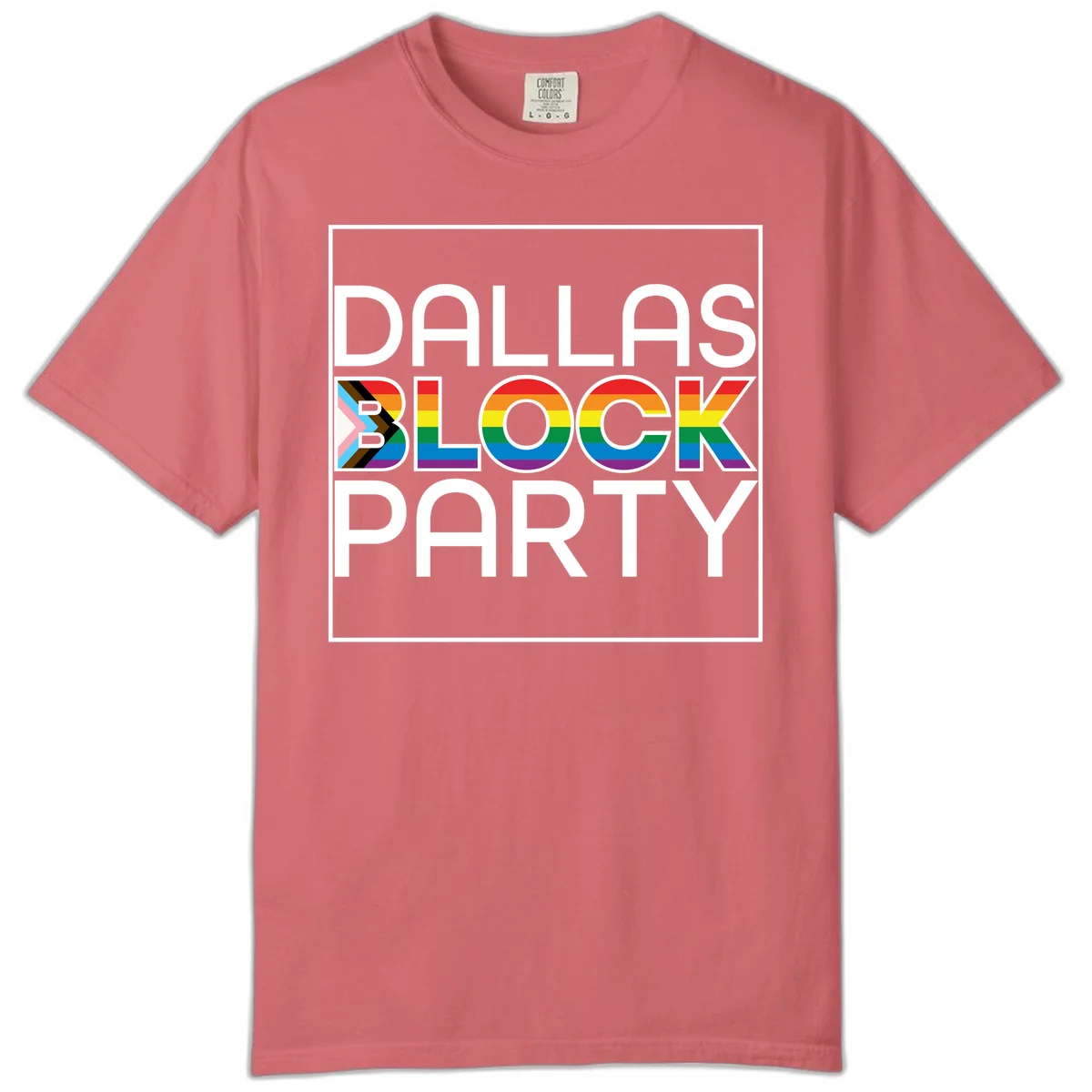 Dallas Block Party Pride design with rainbow and progress pride flag colors integrated into bold white typography on gray background in Watermelon