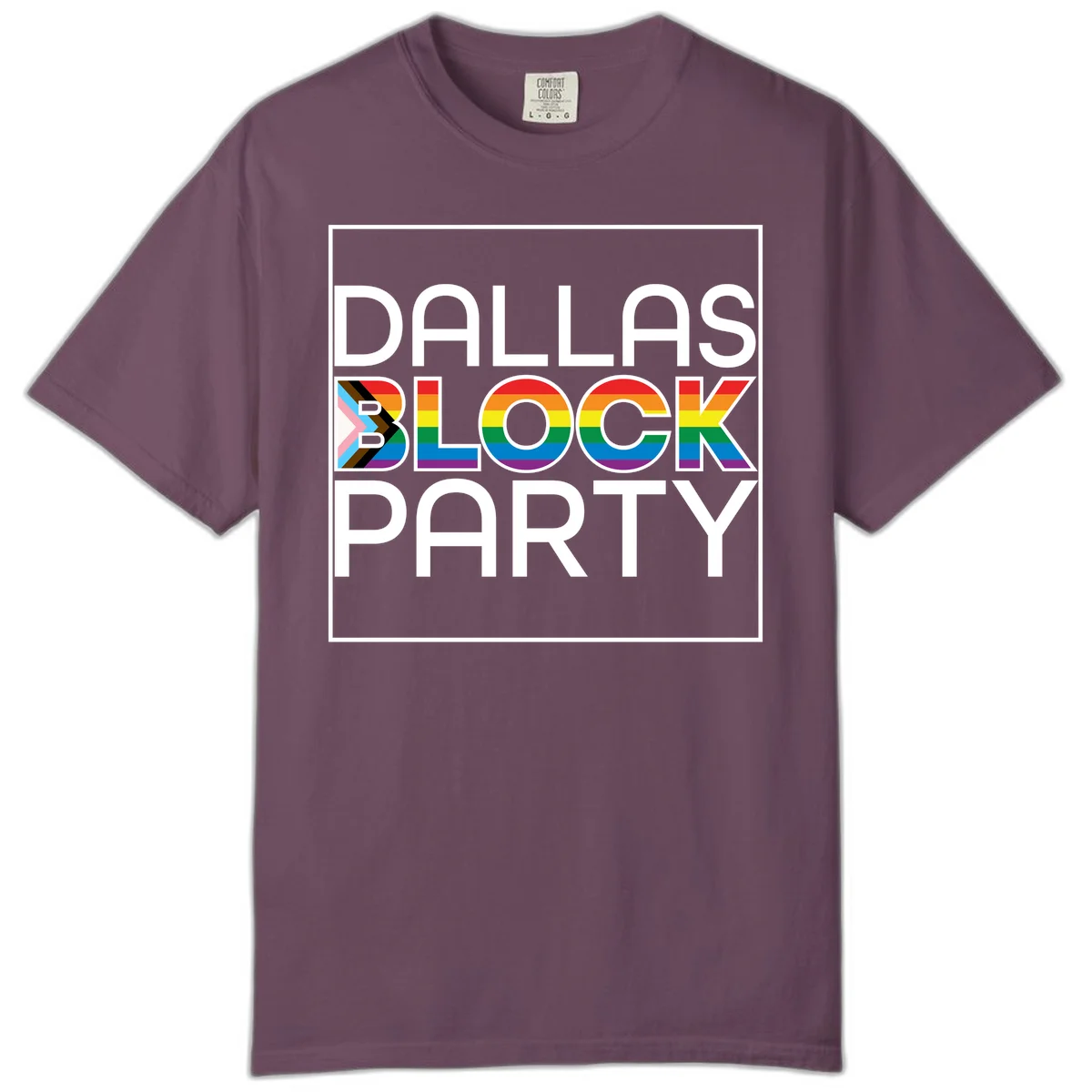 Dallas Block Party Pride design with rainbow and progress pride flag colors integrated into bold white typography on gray background in Berry