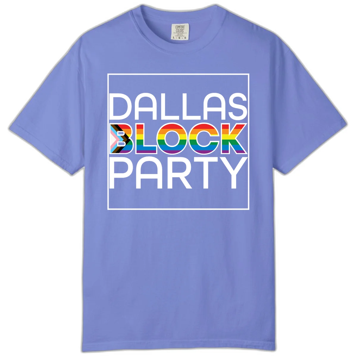 Dallas Block Party Pride design with rainbow and progress pride flag colors integrated into bold white typography on gray background in Flo Blue