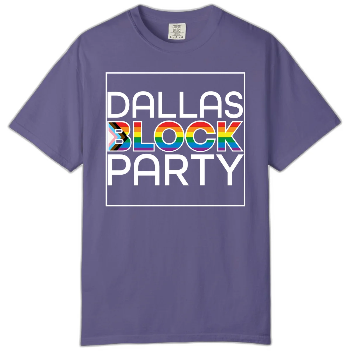 Dallas Block Party Pride design with rainbow and progress pride flag colors integrated into bold white typography on gray background in Grape