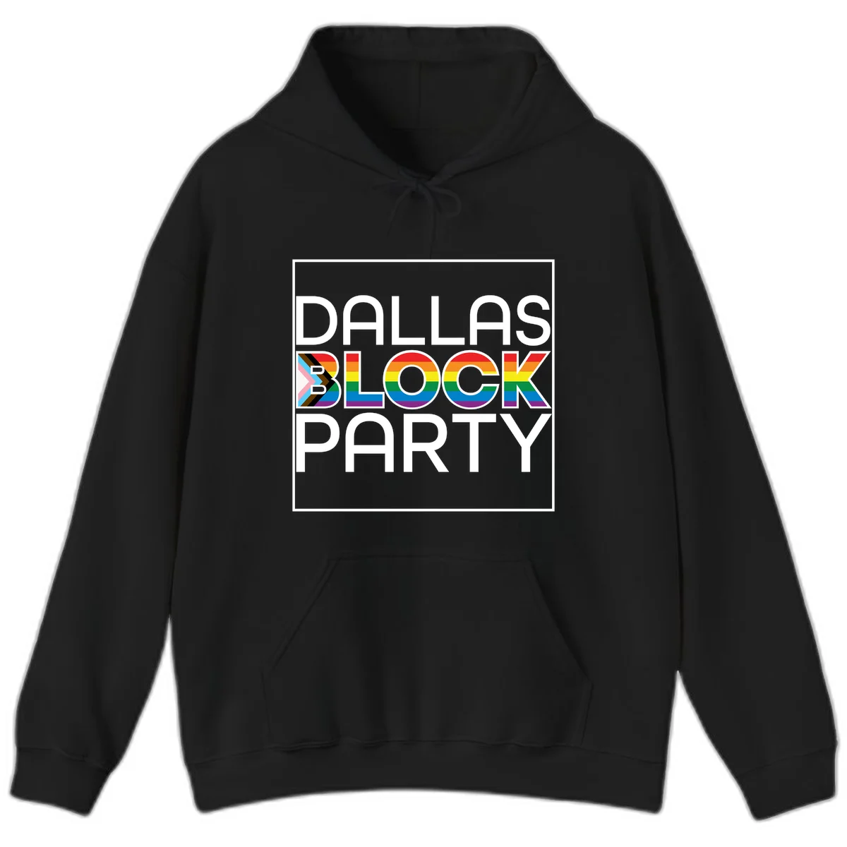 Dallas Block Party Pride design with rainbow and progress pride flag colors integrated into bold white typography on gray background in Black