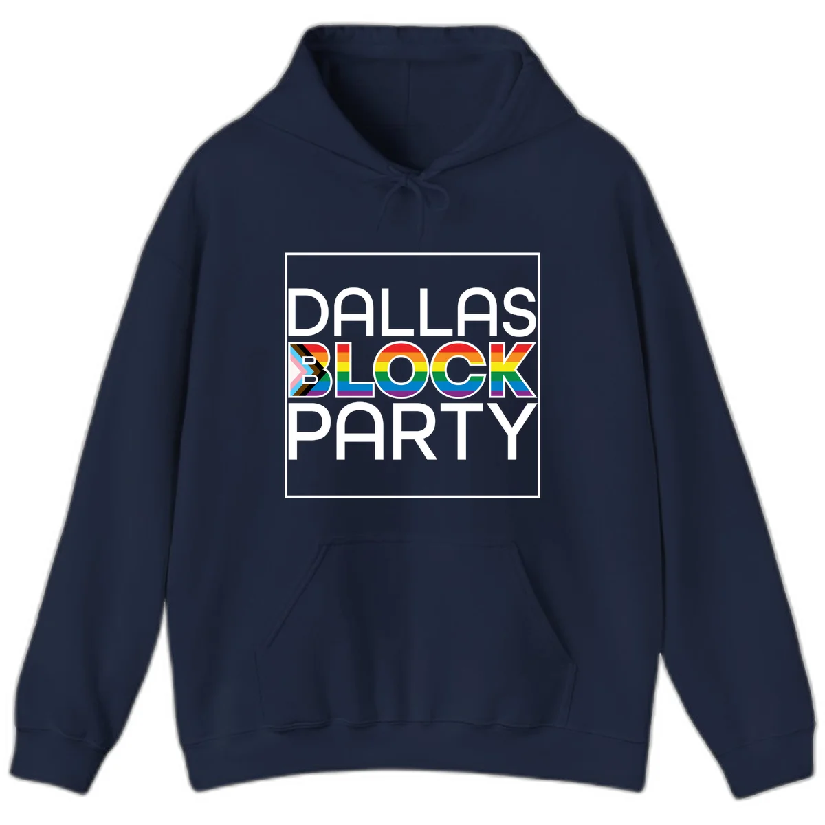 Dallas Block Party Pride design with rainbow and progress pride flag colors integrated into bold white typography on gray background in Navy